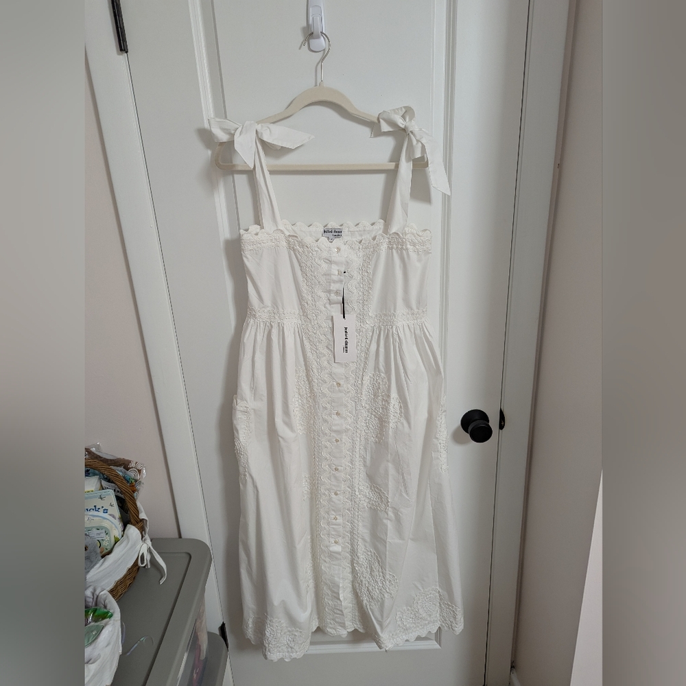 NWT Juliet Dunn White Poplin Shoulder Tie Midi Dress